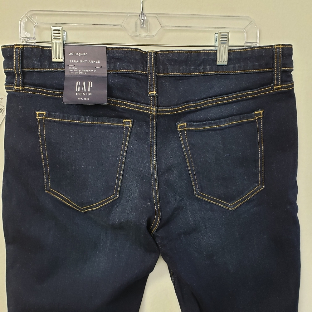 GAP Straight Ankle Jeans Women 10/30R High Rise Dark Blue Denim Whiskers NWT - Picture 5 of 10